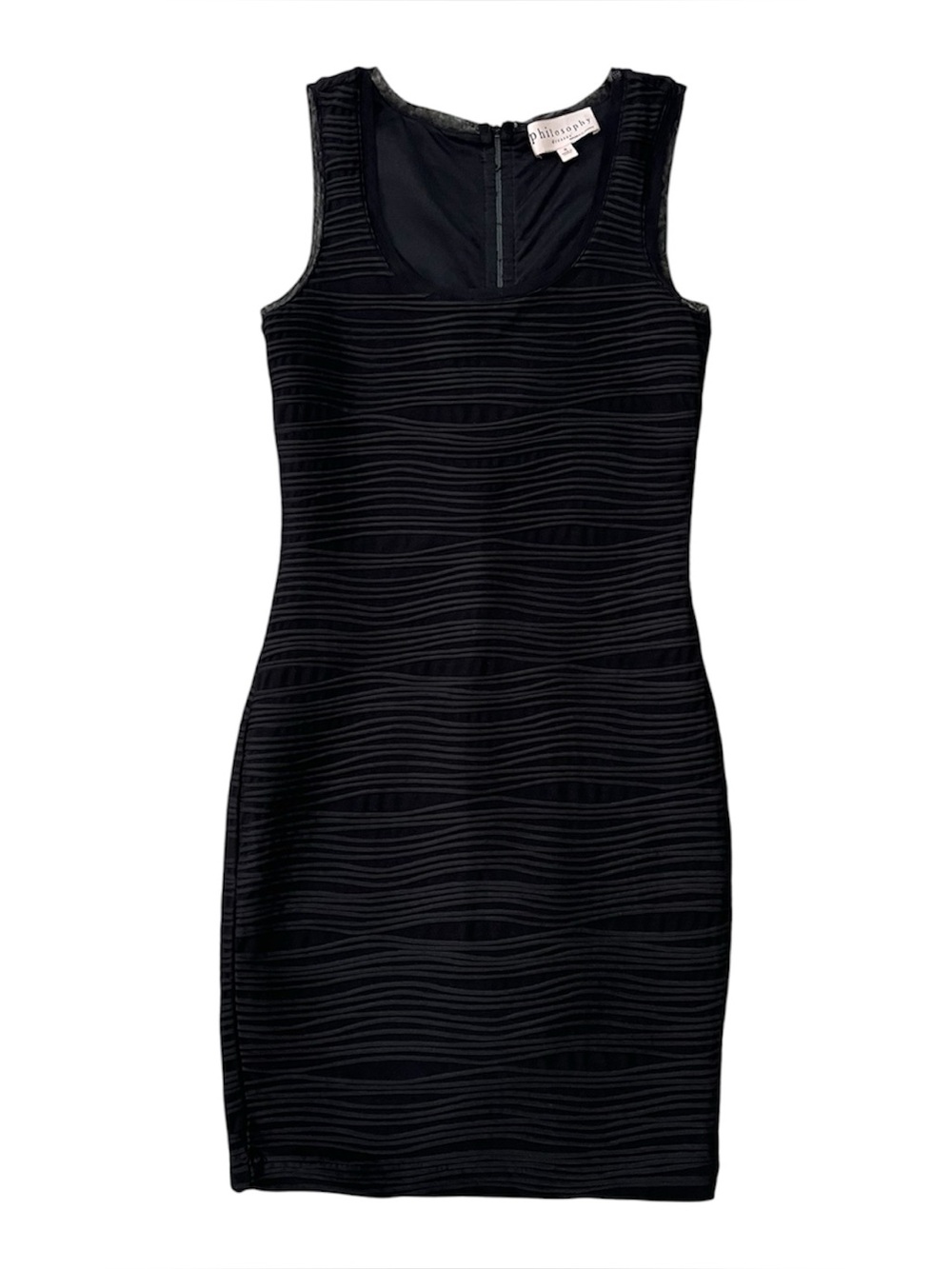 Women’s PHILOSOPHY black sleeveless wavy textured bodycon sheath dress sz SMALL